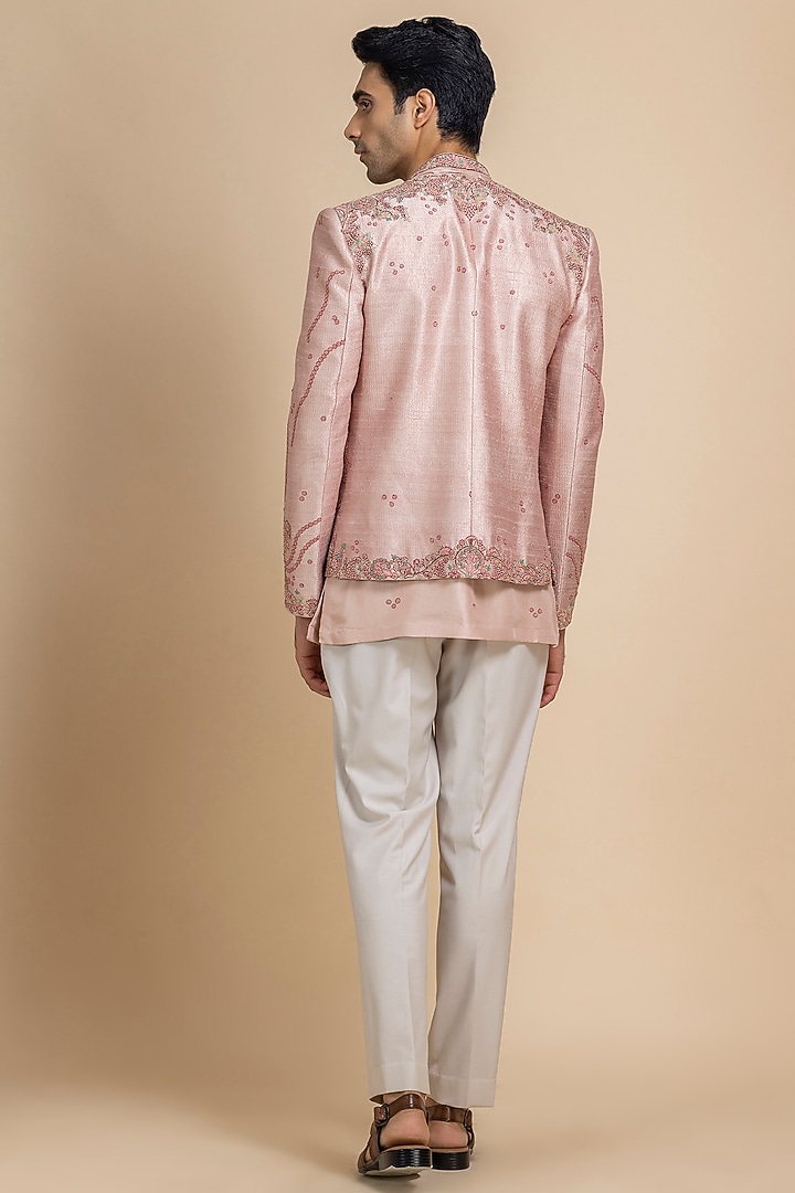 Rose Pink Raw Silk Hand Embroidered Open Jacket Set by Dolly J MAN at Pernia's Pop Up Shop