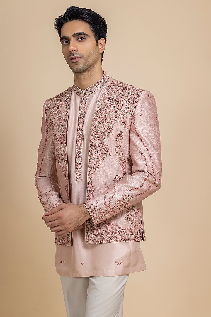 Rose Pink Raw Silk Hand Embroidered Open Jacket Set by Dolly J MAN at Pernia's Pop Up Shop