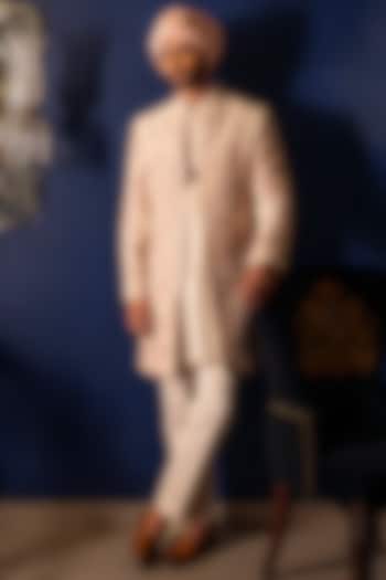 Pristine White Raw Silk Hand Embroidered Groom Sherwani Set by Dolly J MAN at Pernia's Pop Up Shop