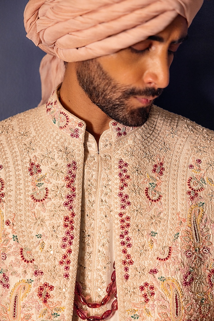 Pristine White Raw Silk Hand Embroidered Groom Sherwani Set by Dolly J MAN at Pernia's Pop Up Shop