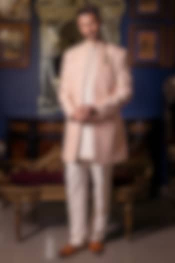 Pale Pink Raw Silk Hand Embroidered Open Jacket Set by Dolly J MAN at Pernia's Pop Up Shop