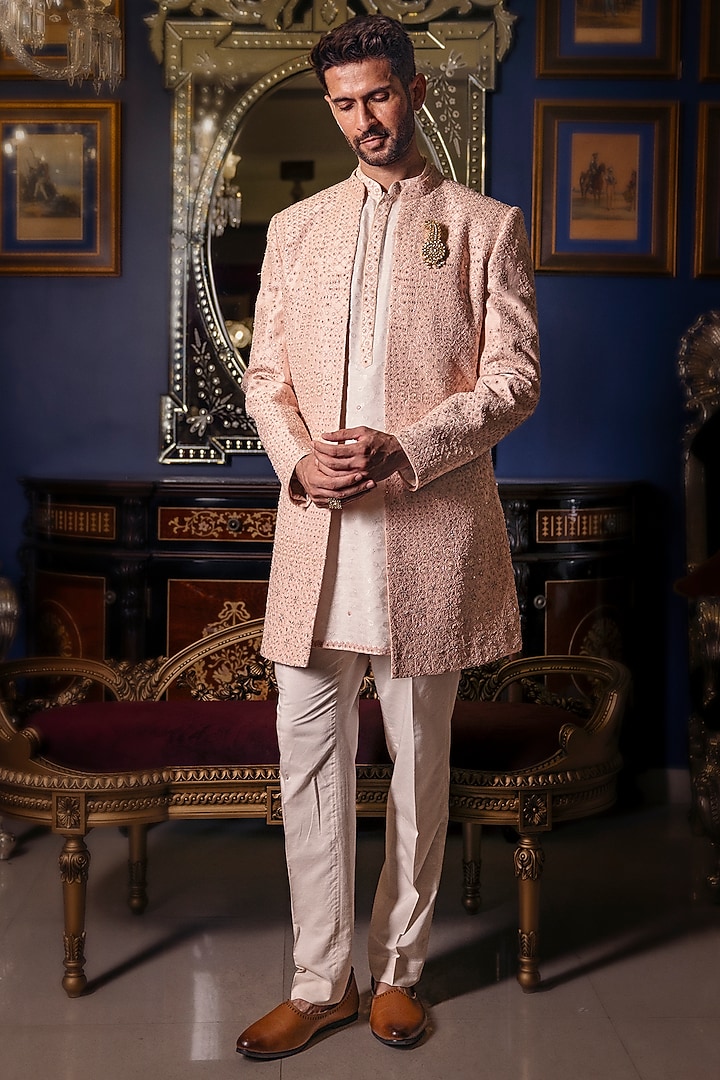 Pale Pink Raw Silk Hand Embroidered Open Jacket Set by Dolly J MAN at Pernia's Pop Up Shop