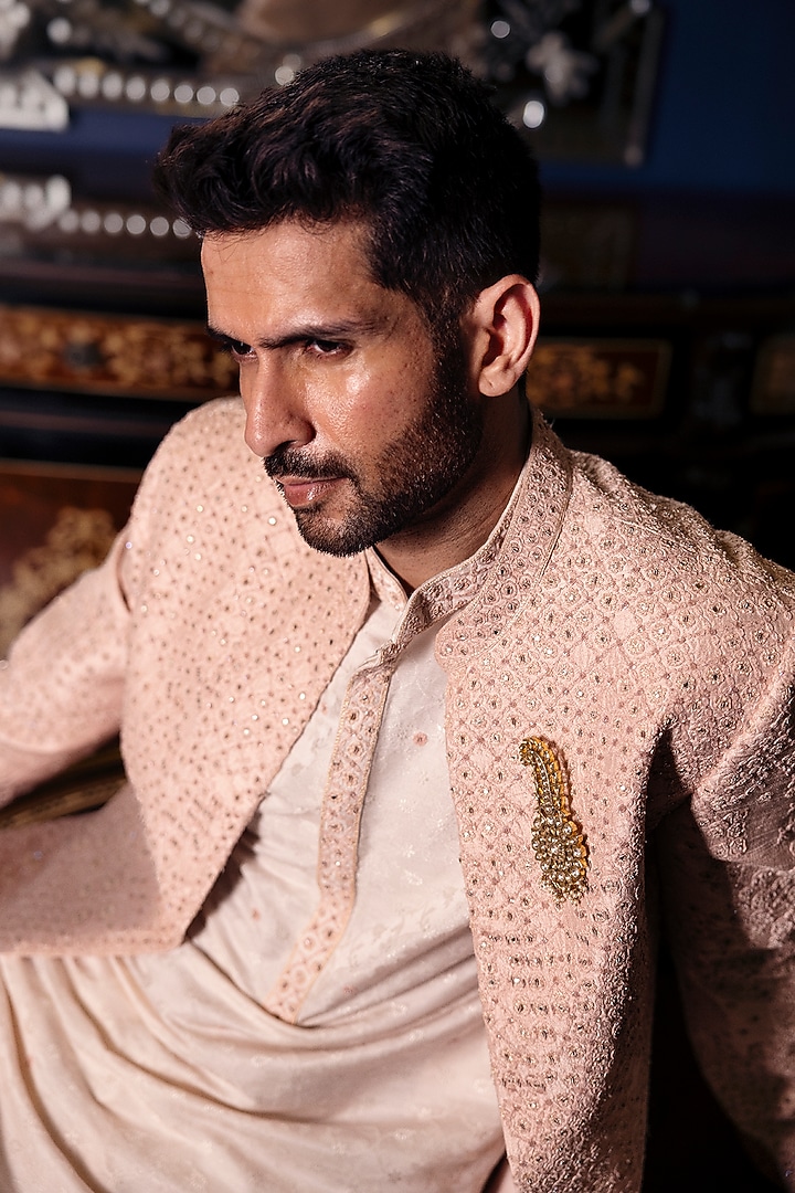 Pale Pink Raw Silk Hand Embroidered Open Jacket Set by Dolly J MAN at Pernia's Pop Up Shop