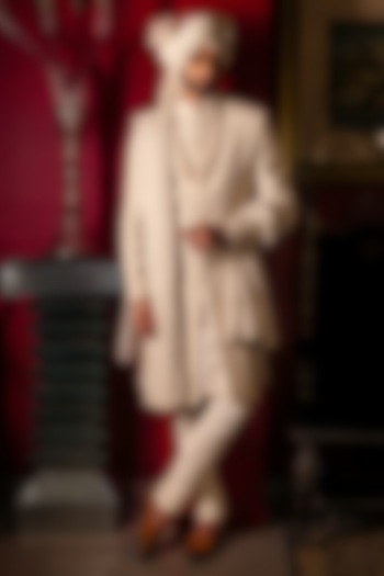 Cloud White Raw Silk Hand Embroidered Groom Sherwani Set by Dolly J MAN at Pernia's Pop Up Shop
