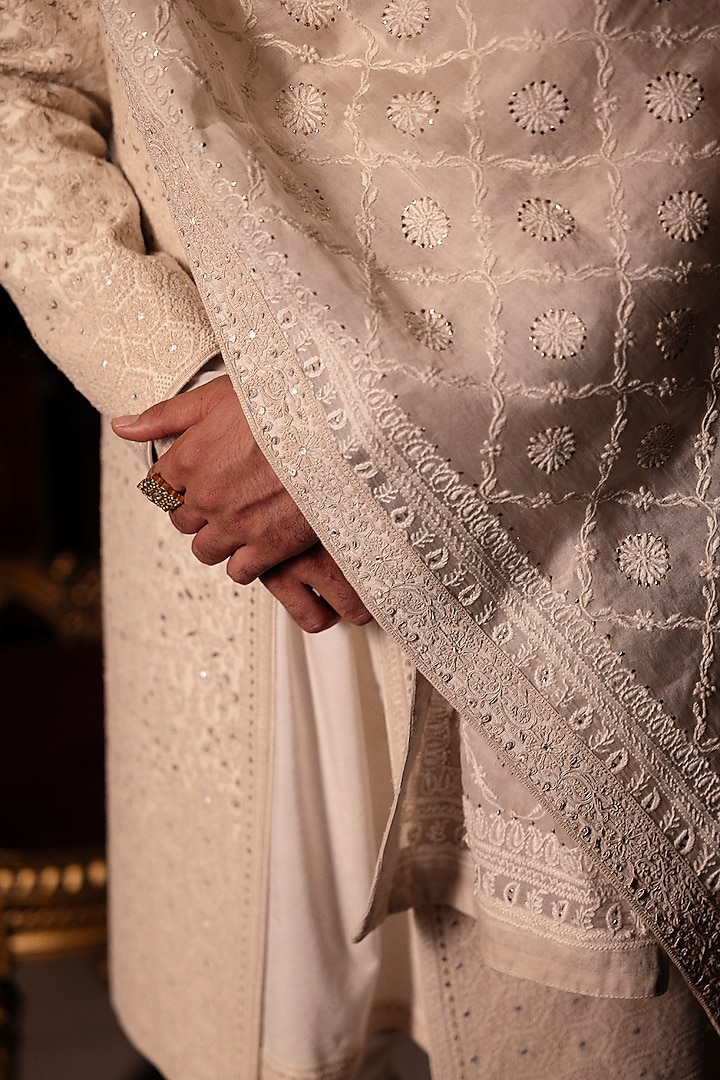 Cloud White Raw Silk Hand Embroidered Groom Sherwani Set by Dolly J MAN at Pernia's Pop Up Shop