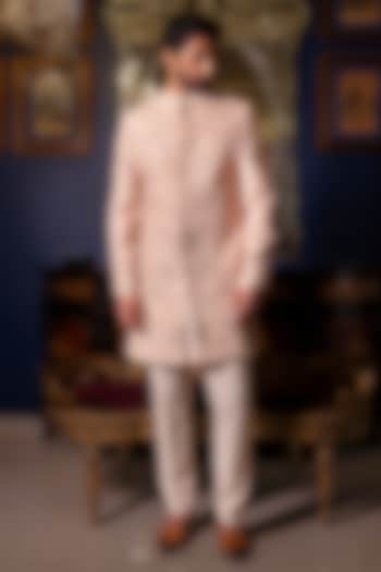 Pale Pink Raw Silk Hand Embroidered Groom Sherwani Set by Dolly J MAN at Pernia's Pop Up Shop