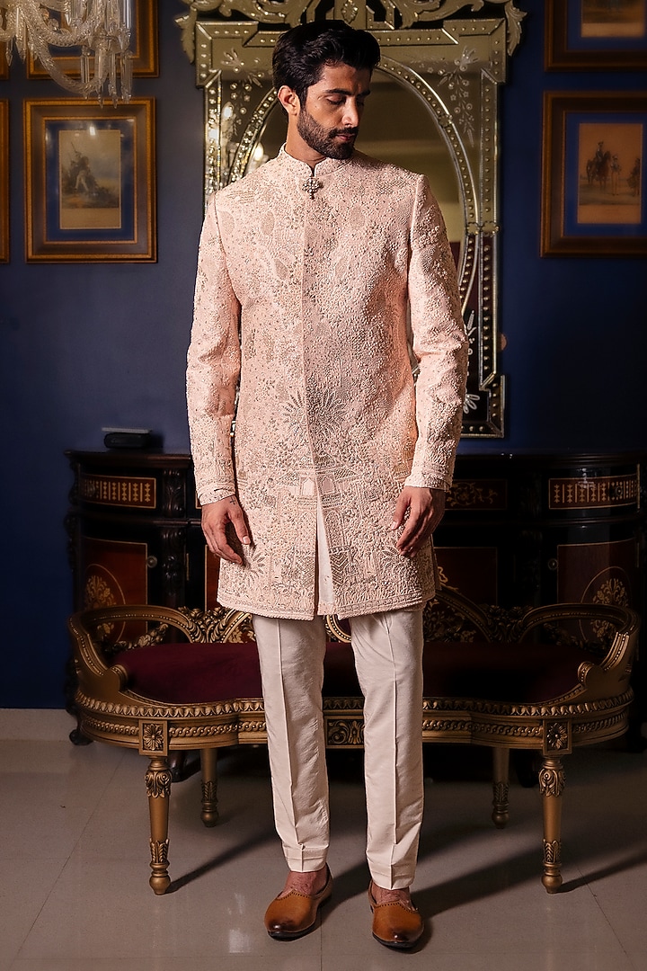 Pale Pink Raw Silk Hand Embroidered Groom Sherwani Set by Dolly J MAN at Pernia's Pop Up Shop