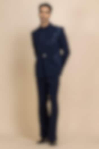 Navy Blue Japanese Crepe Hand Embroidered Tuxedo Set by Dolly J MAN at Pernia's Pop Up Shop