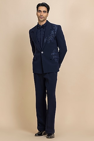 Navy Blue Japanese Crepe Hand Embroidered Tuxedo Set by Dolly J MAN