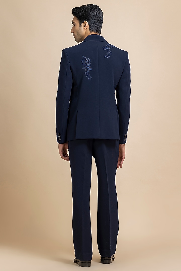 Navy Blue Japanese Crepe Hand Embroidered Tuxedo Set by Dolly J MAN at Pernia's Pop Up Shop