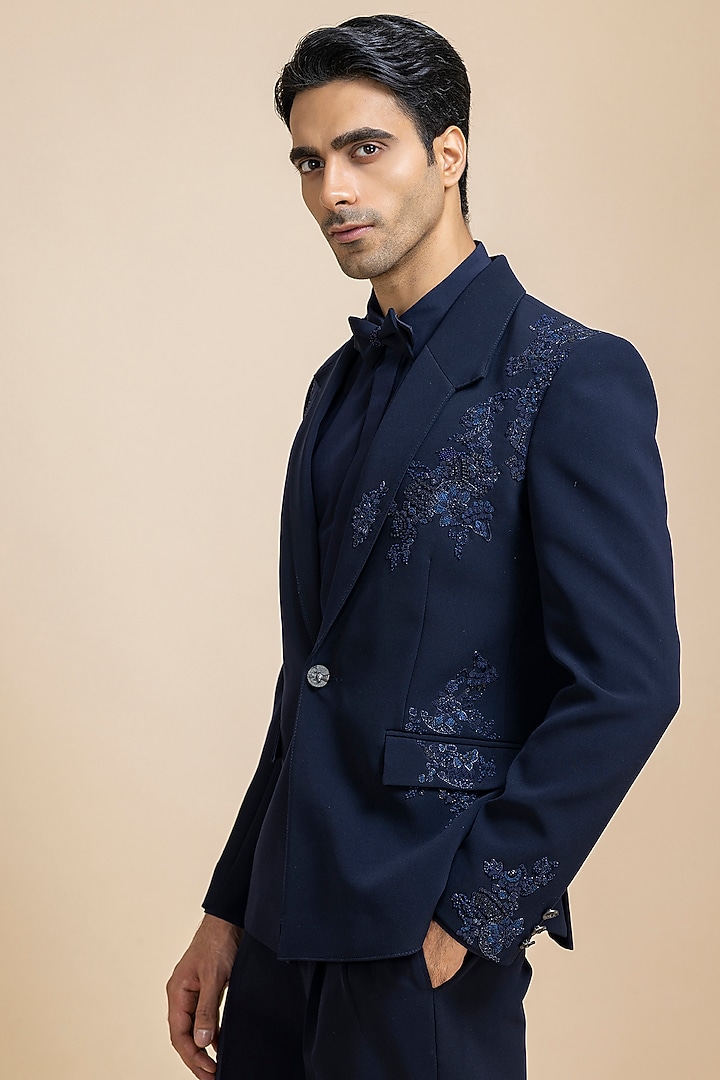 Navy Blue Japanese Crepe Hand Embroidered Tuxedo Set by Dolly J MAN at Pernia's Pop Up Shop