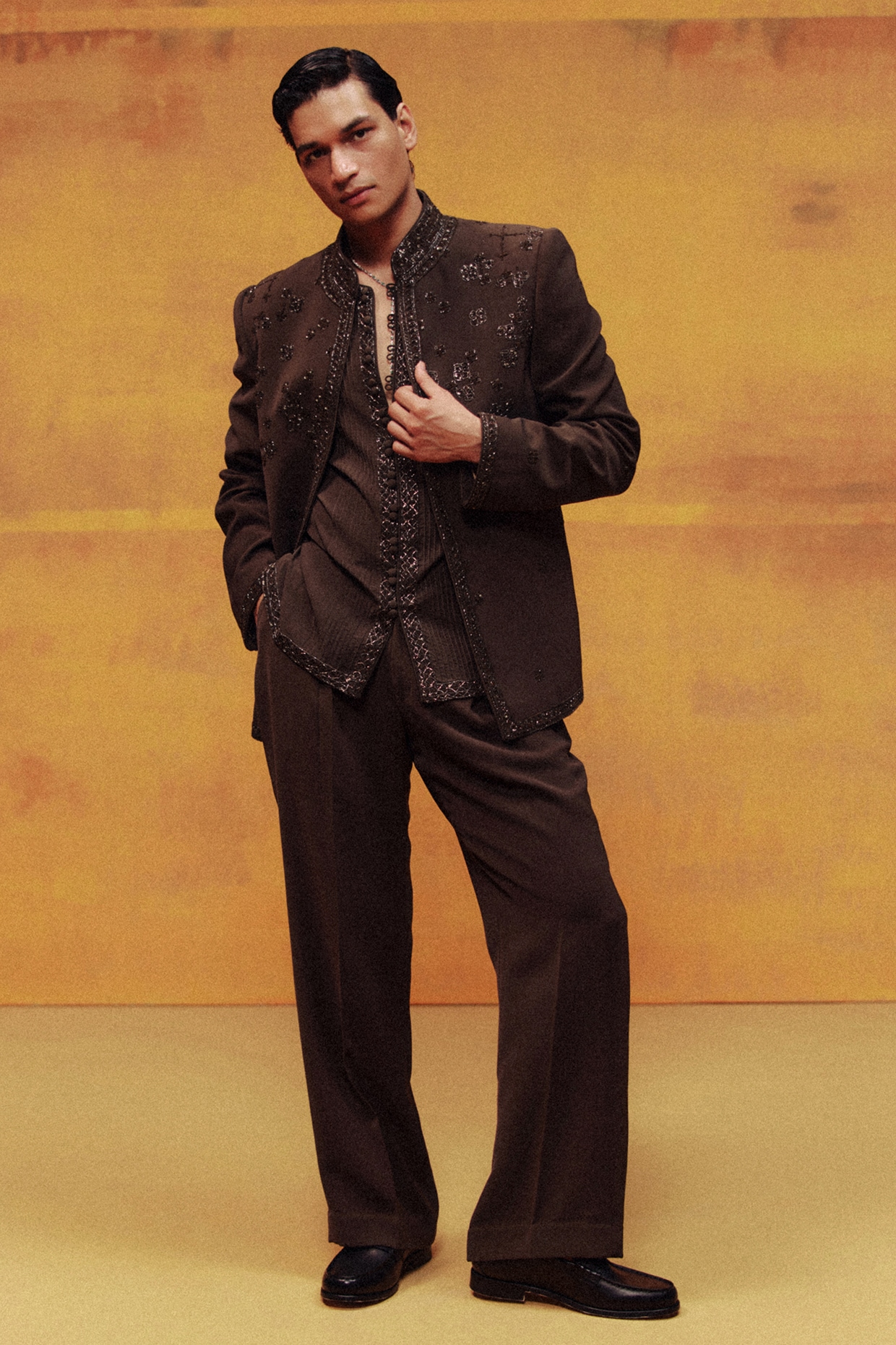 Dolly J MAN Cocoa Brown Japanese Crepe Embroidered Jacket Set