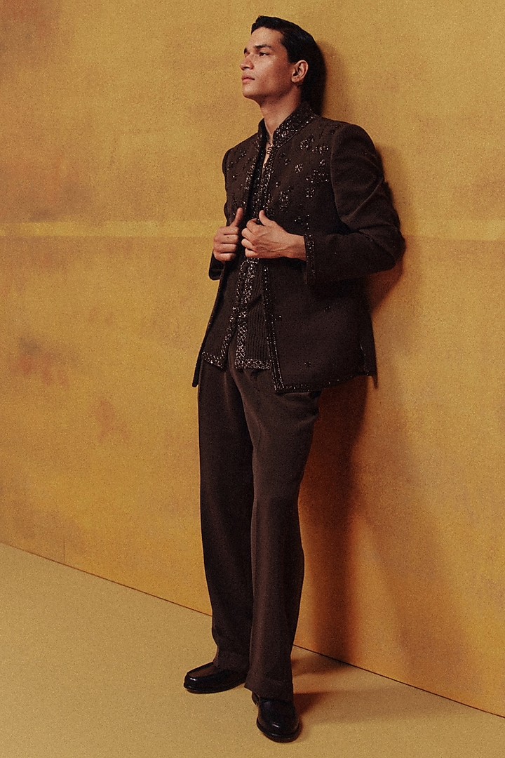 Cocoa Brown Japanese Crepe Embroidered Jacket Set by Dolly J MAN at Pernia's Pop Up Shop