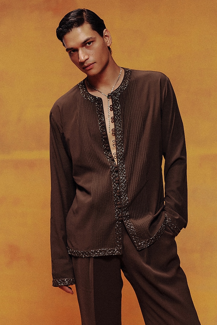 Cocoa Brown Japanese Crepe Embroidered Jacket Set by Dolly J MAN at Pernia's Pop Up Shop