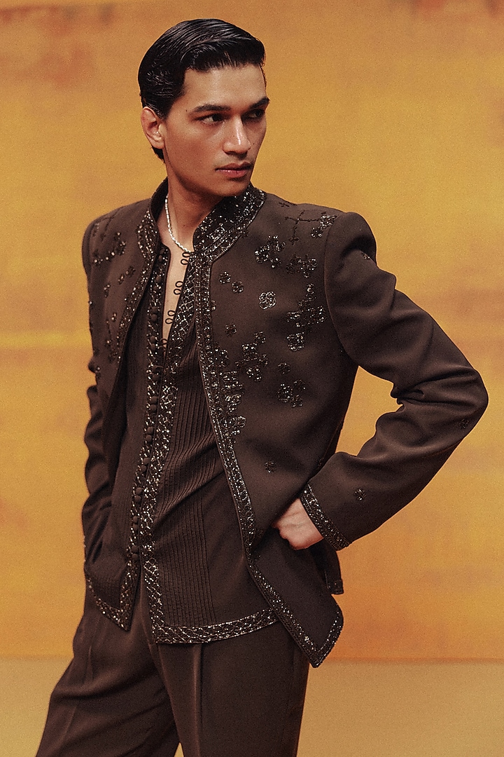 Cocoa Brown Japanese Crepe Embroidered Jacket Set by Dolly J MAN at Pernia's Pop Up Shop