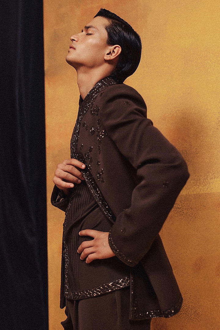 Cocoa Brown Japanese Crepe Embroidered Jacket Set by Dolly J MAN at Pernia's Pop Up Shop