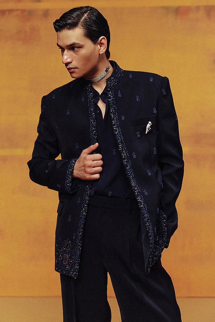 Deep Navy Japanese Crepe Hand Work Jacket Set by Dolly J MAN at Pernia's Pop Up Shop