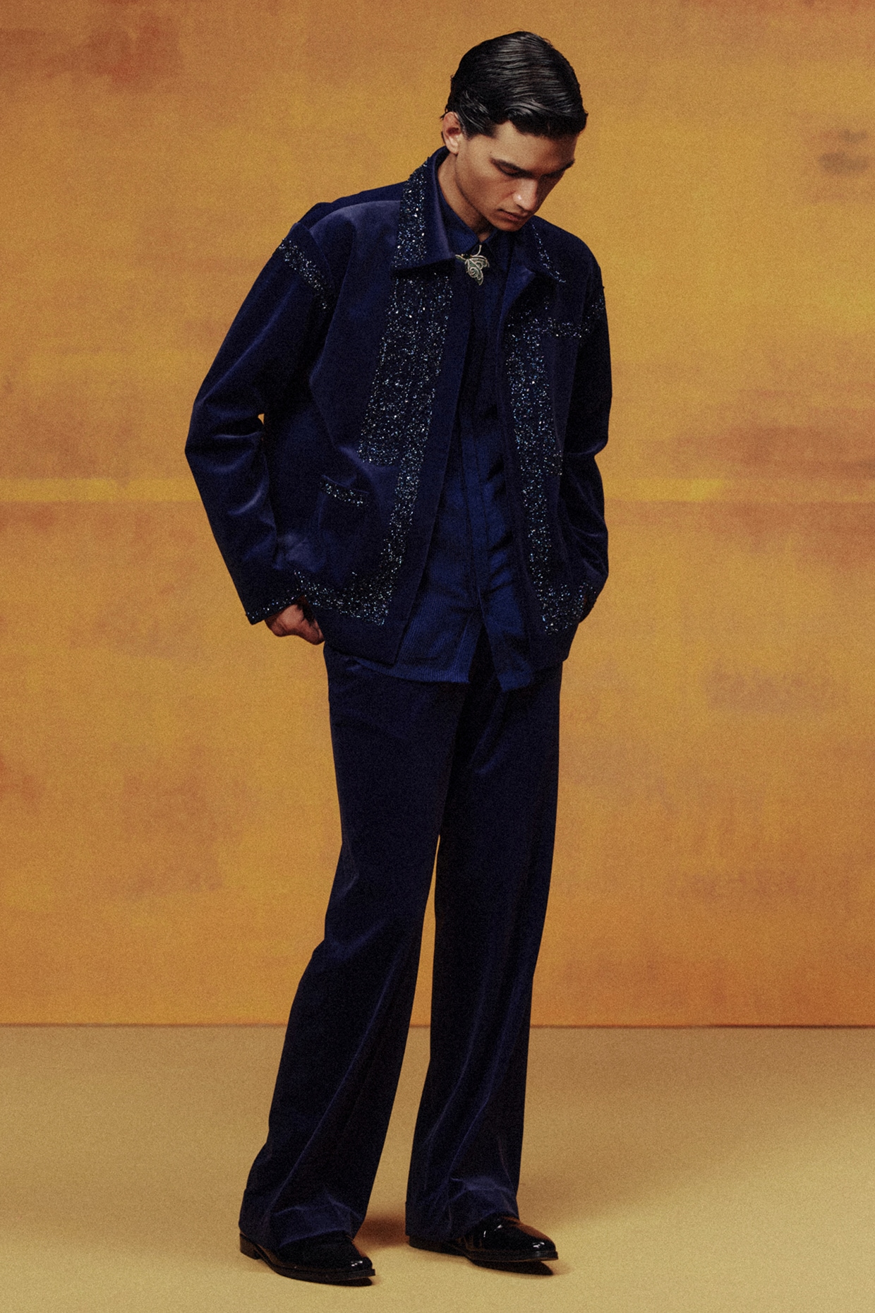 Dolly J MAN Navy Velvet Swarovski Hand Work Jacket Set
