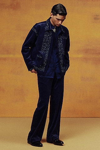Navy Velvet Swarovski Hand Work Jacket Set by Dolly J MAN