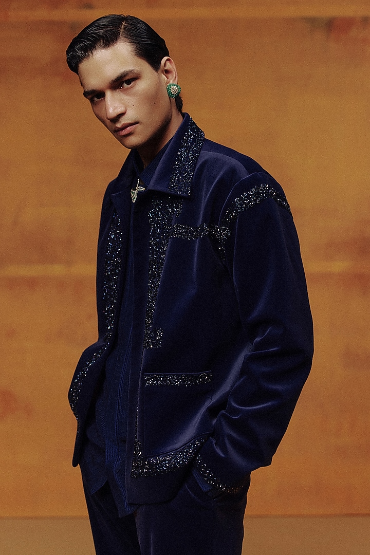 Navy Velvet Swarovski Hand Work Jacket Set by Dolly J MAN at Pernia's Pop Up Shop