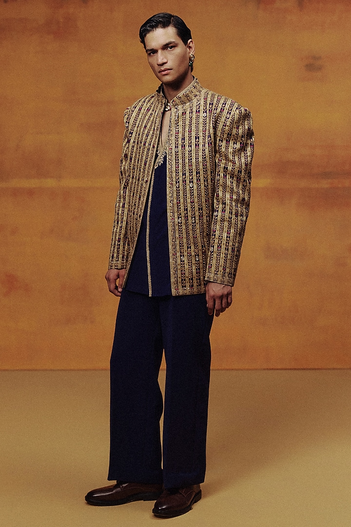 Cobalt Blue Woven Banarasi Hand Embroidered Jacket Set by Dolly J MAN at Pernia's Pop Up Shop