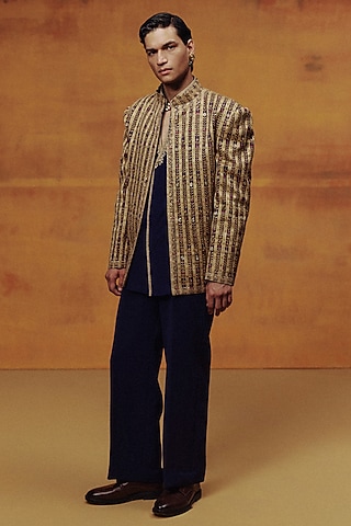 Cobalt Blue Woven Banarasi Hand Embroidered Jacket Set by Dolly J MAN