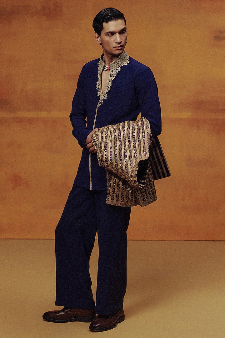 Cobalt Blue Woven Banarasi Hand Embroidered Jacket Set by Dolly J MAN at Pernia's Pop Up Shop