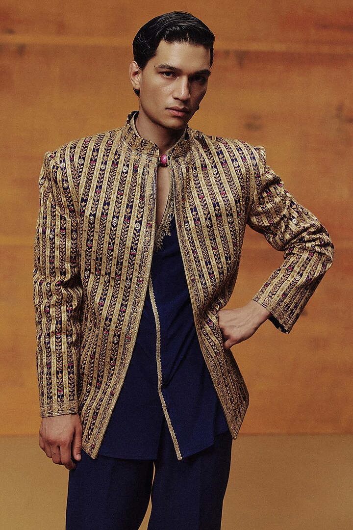 Cobalt Blue Woven Banarasi Hand Embroidered Jacket Set by Dolly J MAN at Pernia's Pop Up Shop