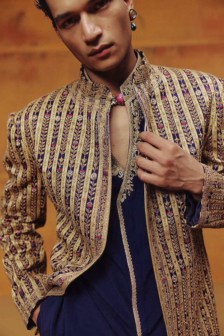 Cobalt Blue Woven Banarasi Hand Embroidered Jacket Set by Dolly J MAN at Pernia's Pop Up Shop