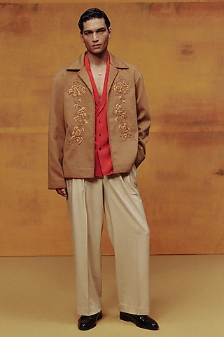 Gold Woven Lycra Thread Work Jacket Set by Dolly J MAN