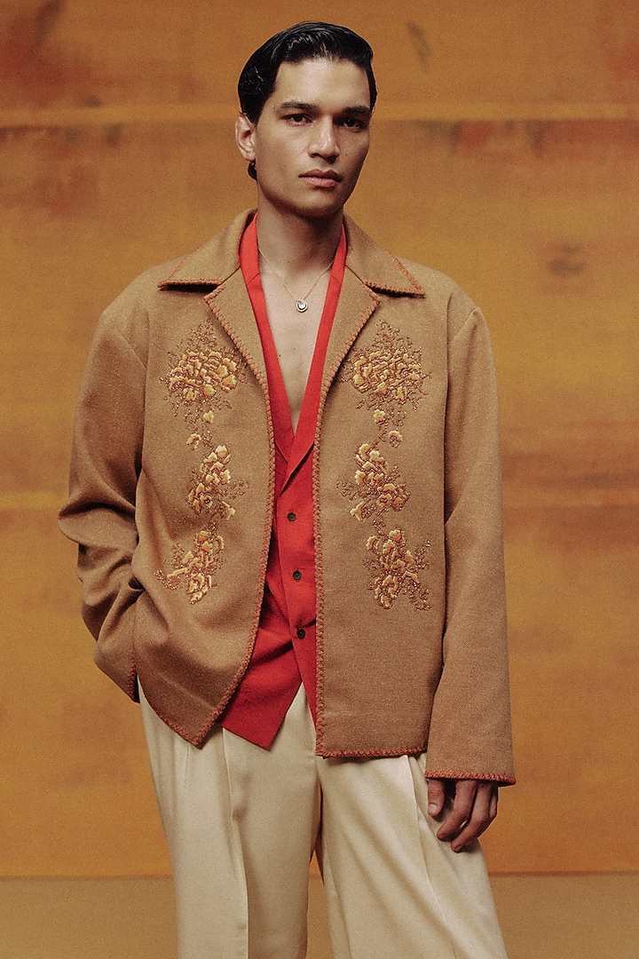 Gold Woven Lycra Thread Work Jacket Set by Dolly J MAN at Pernia's Pop Up Shop