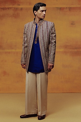 Royal Blue Woven Banarasi Embroidered Jacket Set by Dolly J MAN