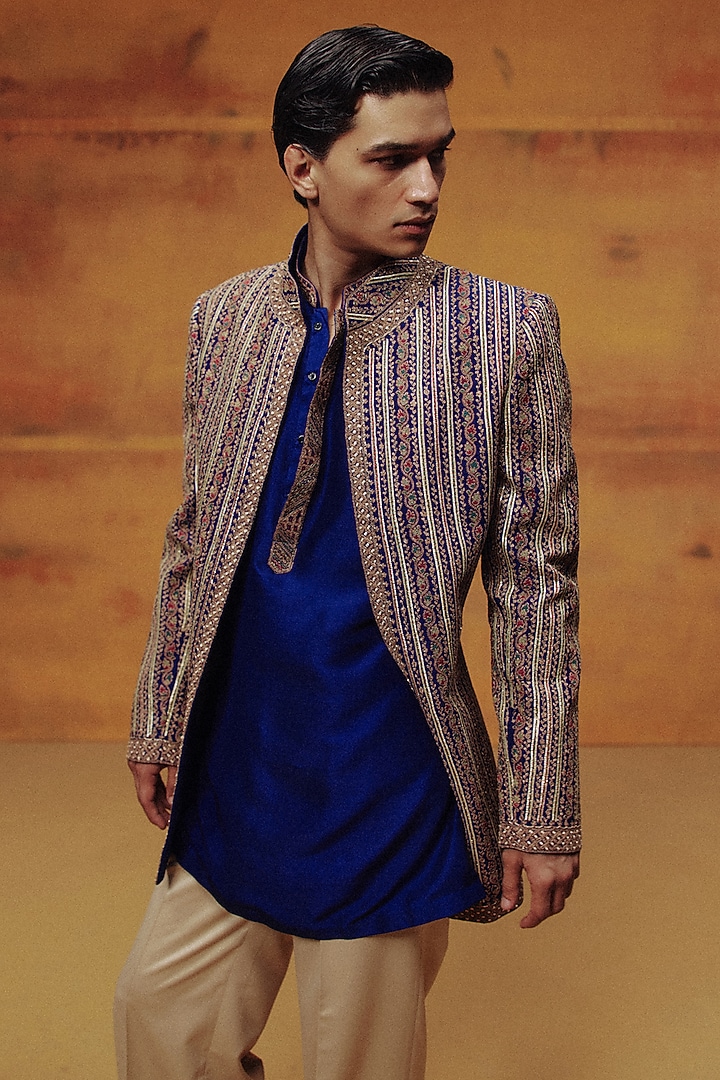 Royal Blue Woven Banarasi Embroidered Jacket Set by Dolly J MAN at Pernia's Pop Up Shop