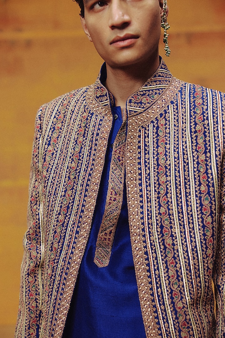 Royal Blue Woven Banarasi Embroidered Jacket Set by Dolly J MAN at Pernia's Pop Up Shop