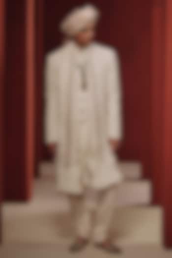 White Raw Silk Pearl Embroidered Groom Sherwani Set by Dolly J MAN at Pernia's Pop Up Shop