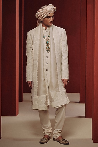 White Raw Silk Pearl Embroidered Sherwani Set by Dolly J MAN