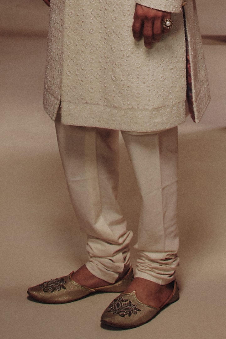 White Raw Silk Pearl Embroidered Groom Sherwani Set by Dolly J MAN at Pernia's Pop Up Shop