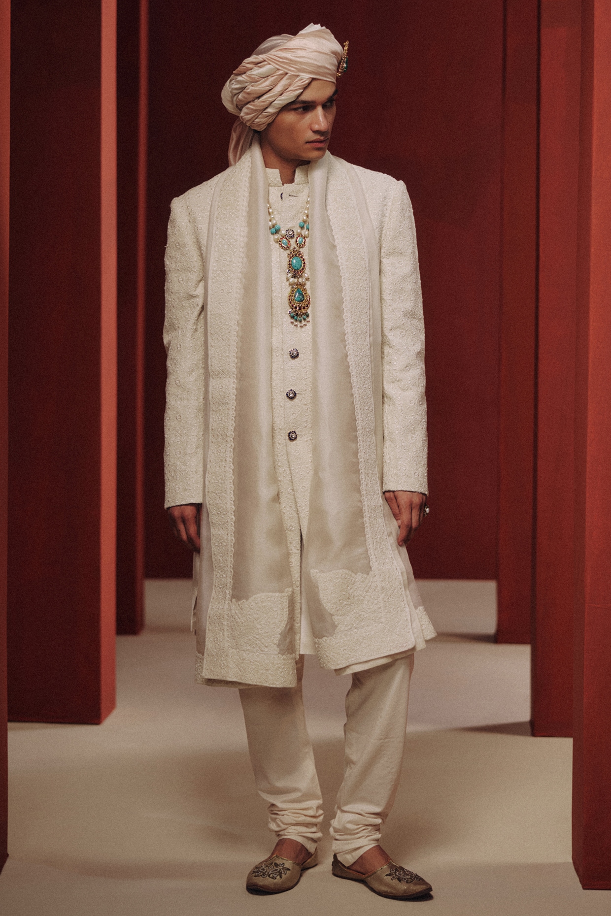 Dolly J MAN White Raw Silk Pearl Embroidered Sherwani Set