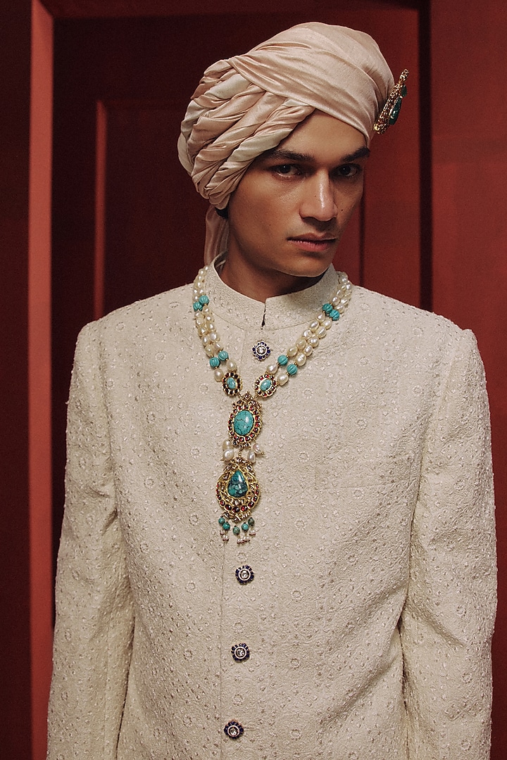 White Raw Silk Pearl Embroidered Groom Sherwani Set by Dolly J MAN at Pernia's Pop Up Shop