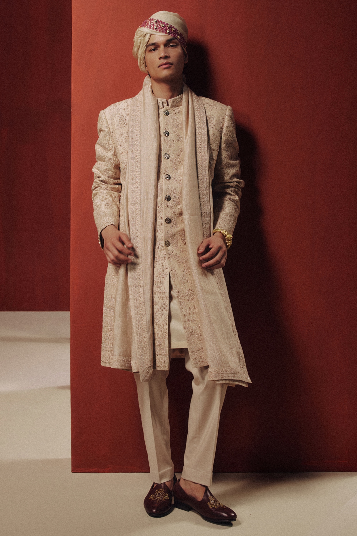 Dolly J MAN Rose Gold Raw Silk Embroidered Sherwani Set