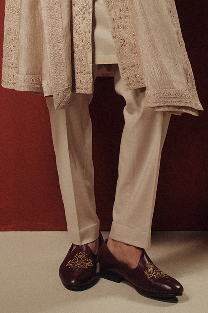 Rose Gold Raw Silk Embroidered Groom Sherwani Set by Dolly J MAN at Pernia's Pop Up Shop