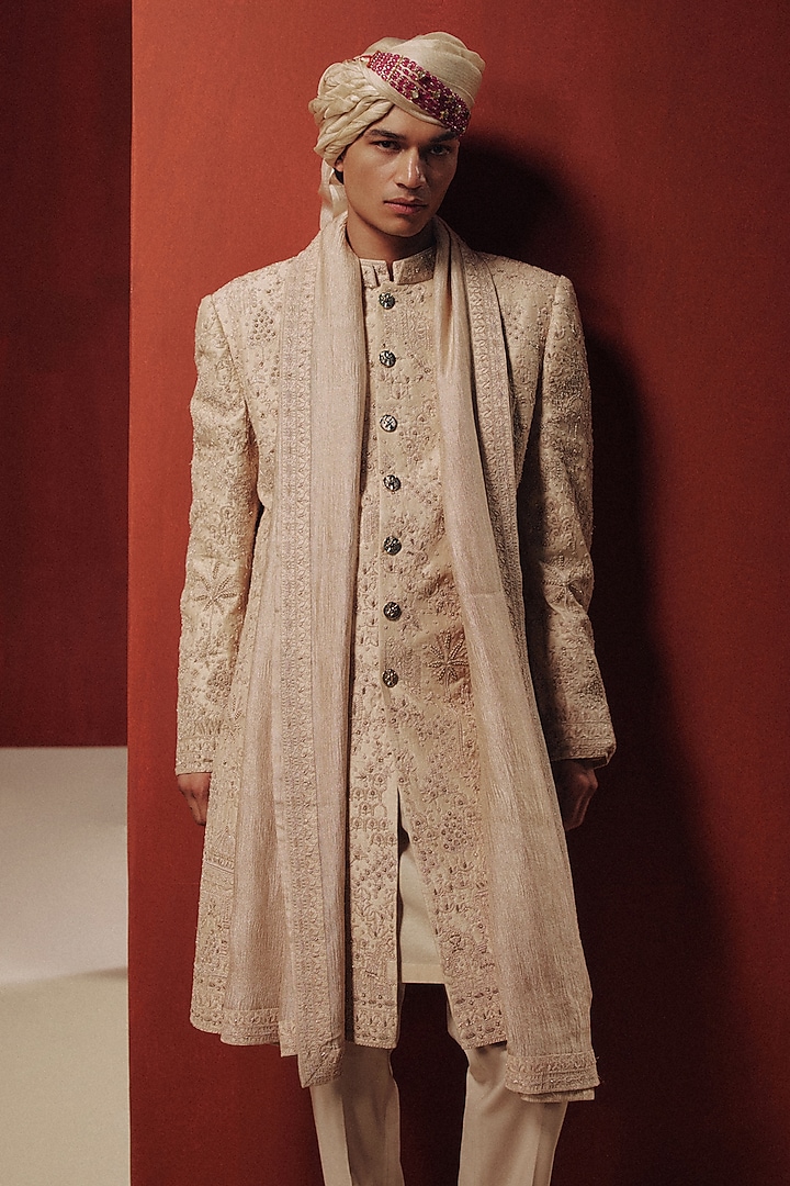 Rose Gold Raw Silk Embroidered Groom Sherwani Set by Dolly J MAN at Pernia's Pop Up Shop