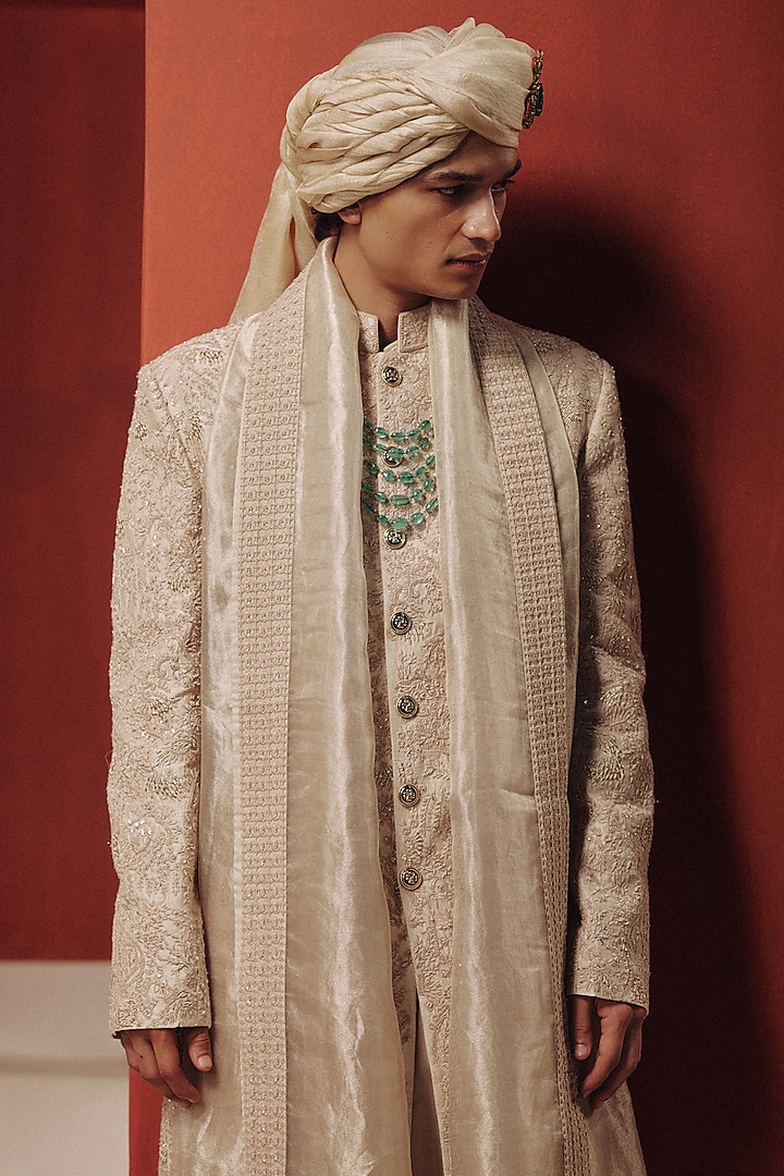 Ivory Raw Silk Embroidered Groom Sherwani Set by Dolly J MAN at Pernia's Pop Up Shop
