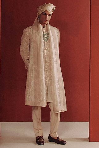 Ivory Raw Silk Embroidered Sherwani Set by Dolly J MAN