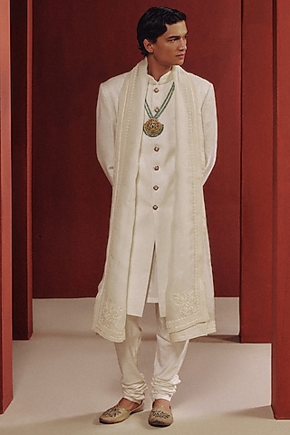 White Woven Banarasi Embroidered Sherwani Set by Dolly J MAN