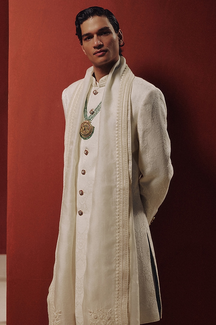 White Woven Banarasi Embroidered Groom Sherwani Set by Dolly J MAN at Pernia's Pop Up Shop
