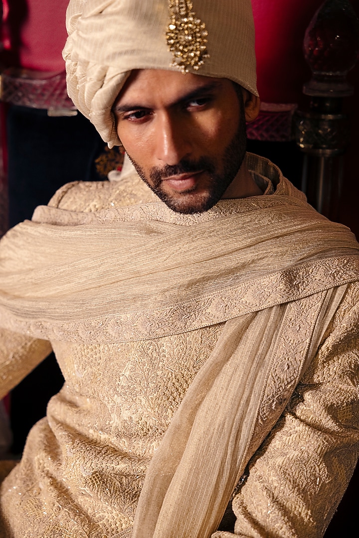 Fogg Green Raw Silk Hand Embroidered Groom Sherwani Set by Dolly J MAN at Pernia's Pop Up Shop