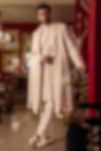 White Raw Silk Hand Embroidered Groom Sherwani Set by Dolly J MAN at Pernia's Pop Up Shop