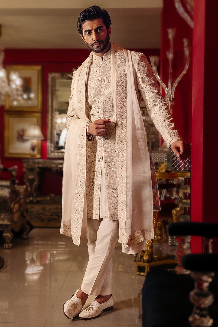 White Raw Silk Hand Embroidered Groom Sherwani Set by Dolly J MAN at Pernia's Pop Up Shop