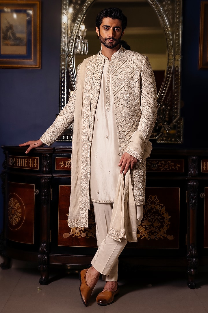Frosted Mint Raw Silk Hand Embroidered Groom Sherwani Set by Dolly J MAN at Pernia's Pop Up Shop